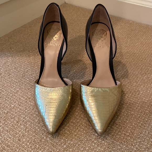 Vince Camuto Gold Snakeskin Embossed And Black Leather Pump Heels Size 7-1/2 - Picture 4 of 10